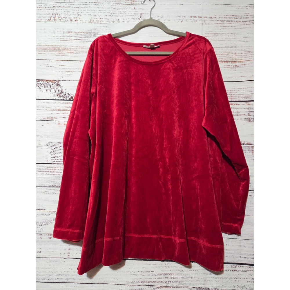 Woman Within Red Velvet Tunic Top Long Sleeve Plus Size 1X 22/24 Crew Neck